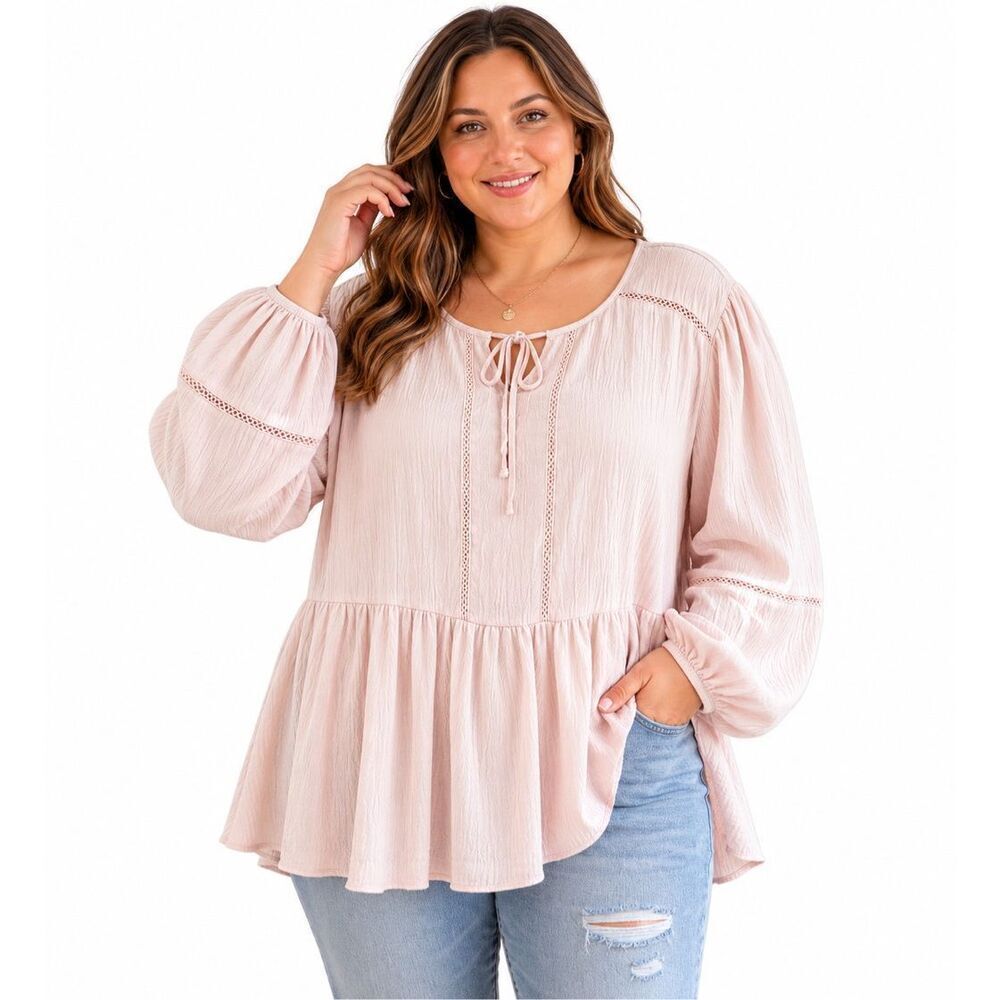 Como Vintage Blush Pink Boho Peasant Top 3X Plus Size Babydoll Blouse